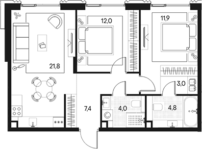 3-комн., 64.9 м², 4/11 этаж, ЖК «Клубный город на реке Примавера»