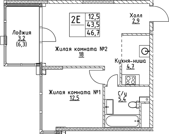 2-комн., 43.5 м², 16/19 этаж, ЖК «ВЭРИ на Миклухо-Маклая»