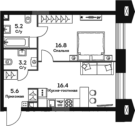 2-комн., 47.2 м², 6/32 этаж, ЖК «ЭРА»