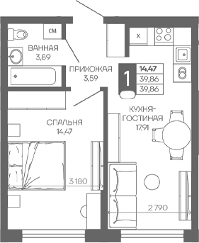 1-комн. квартира, 39.86 м² в ЖК Иначе в Молодежном — фото 2