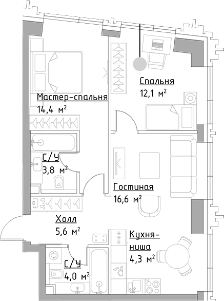 3-комн., 60.8 м², 6/45 этаж, ЖК «Левел Павелецкая Сити»