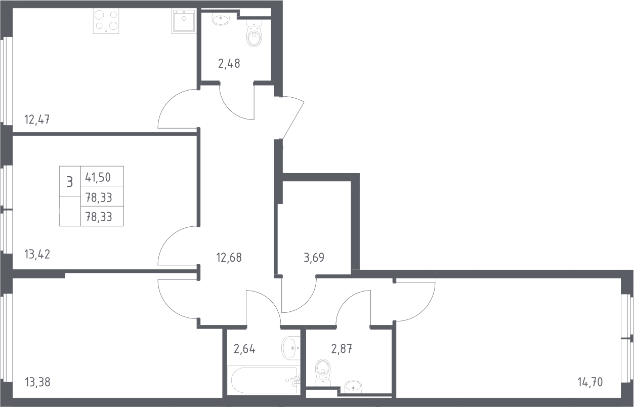 3-комн., 78.33 м², 14/14 этаж, ЖК «Остафьево»