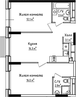 2-комн., 53.7 м², 1/6 этаж, ЖК «Коллекция»