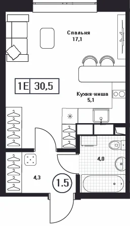 Студия, 30.5 м², 7/13 этаж, ЖК «Пушкино Град»