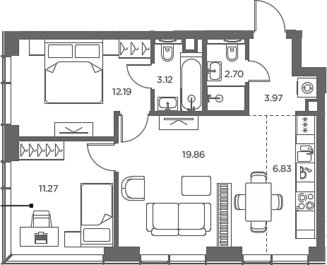 3-комн., 59.94 м², 41/49 этаж, ЖК «TATE»