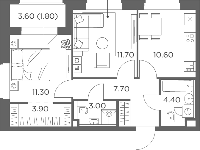2-комн., 52.6 м², 8/12 этаж, ЖК «Белый Град»