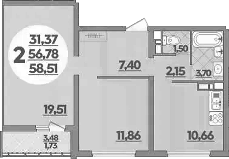 2-комн., 56.78 м², 14/16 этаж, ЖК «Восточный. Квартал №6»