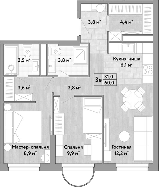 3-комн., 60 м², 12/13 этаж, ЖК «Новые Смыслы»