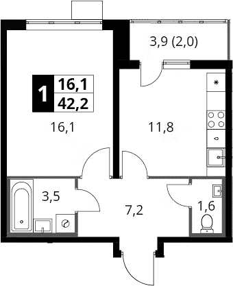 1-комн., 40.2 м², 24/25 этаж, ЖК «1-й Южный»