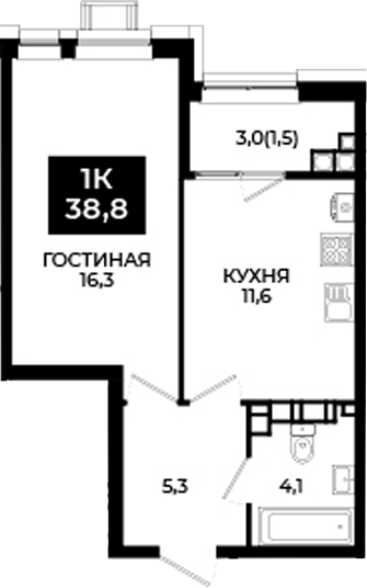 1-комн., 37.3 м², 13/24 этаж, ЖК «Первый. ГК ЮгСтройИнвест»