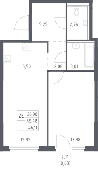 2-комн., 45.48 м², 4/17 этаж, ЖК «Пригород Лесное»
