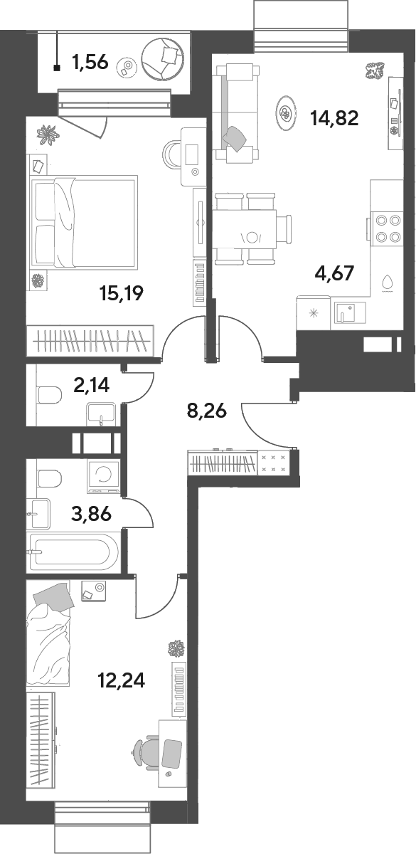 3-комн., 61.18 м², 2/12 этаж, ЖК «Публицист»