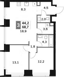 3-комн., 68.7 м², 4/58 этаж, ЖК «Амбер Сити»