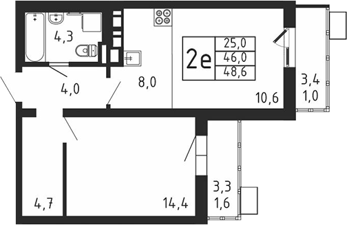 2-комн., 46 м², 9/9 этаж, ЖК «Пироговская ривьера. Мытищи»