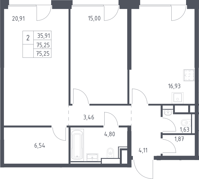 3-комн., 75.6 м², 2/7 этаж, ЖК «Квартал на воде»