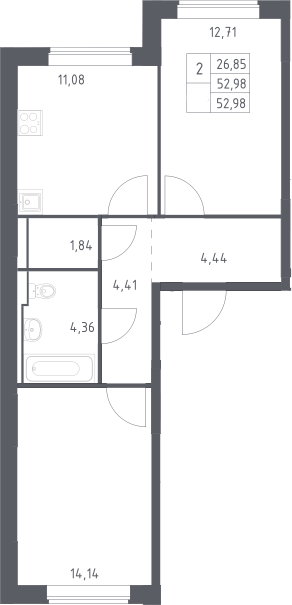 2-комн., 52.98 м², 17/17 этаж, ЖК «Прибрежный Парк»