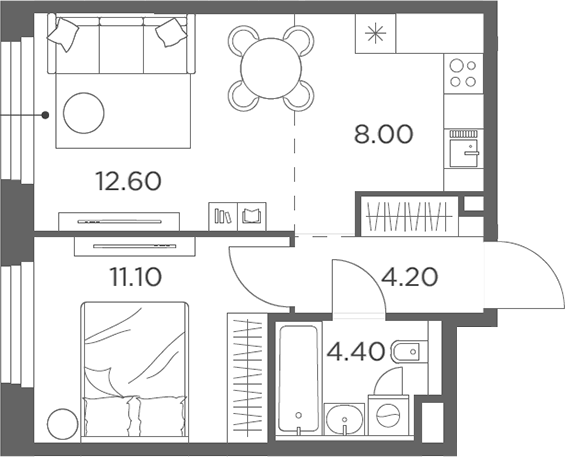 2-комн., 40.3 м², 14/20 этаж, ЖК «Белый Град»