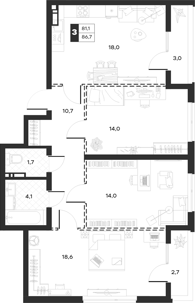3-комн., 80.98 м², 3/20 этаж, ЖК «Луиджи»