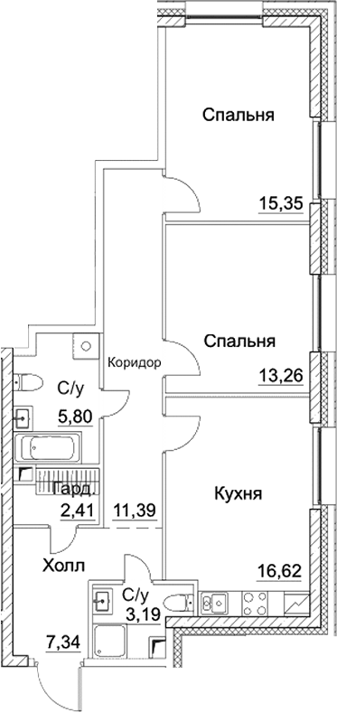 3-комн., 75.36 м², 23/28 этаж, ЖК «СЕЗАР СИТИ»