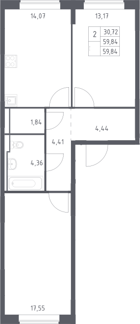 2-комн., 59.84 м², 8/17 этаж, ЖК «Прибрежный Парк»