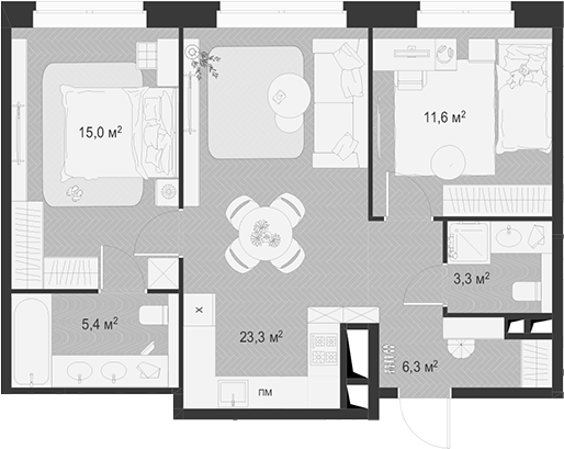 3-комн., 64.9 м², 5/18 этаж, ЖК «Гранд Комфорт»