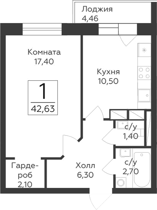 1-комн., 40.4 м², 5/17 этаж, ЖК «Малаховский»