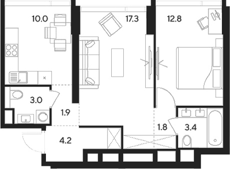 2-комн., 54.4 м², 15/43 этаж, ЖК «Инди Тауэрз от Аквилон»