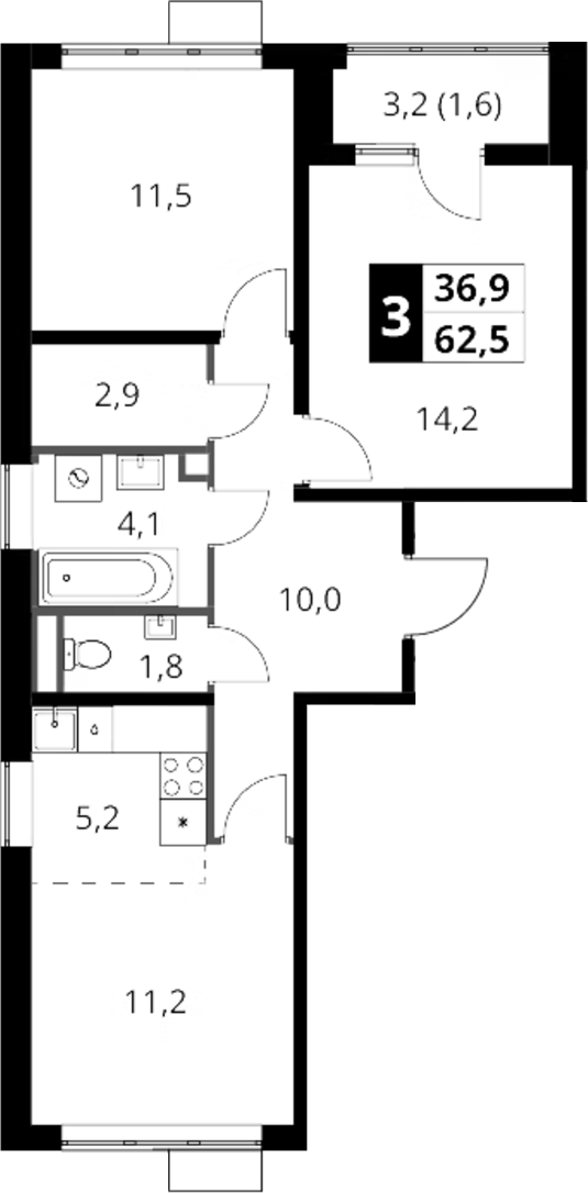 3-комн., 60.9 м², 2/16 этаж, ЖК «1-й Шереметьевский»