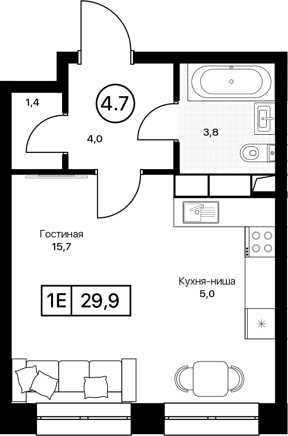 Студия, 29.9 м², 9/17 этаж, ЖК «Пушкино Град»