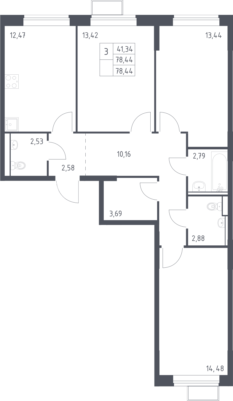 3-комн., 78.44 м², 15/16 этаж, ЖК «Молжаниново»