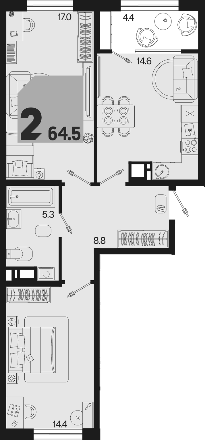 2-комн., 60.1 м², 6/9 этаж, ЖК «Первое место» — фото 2