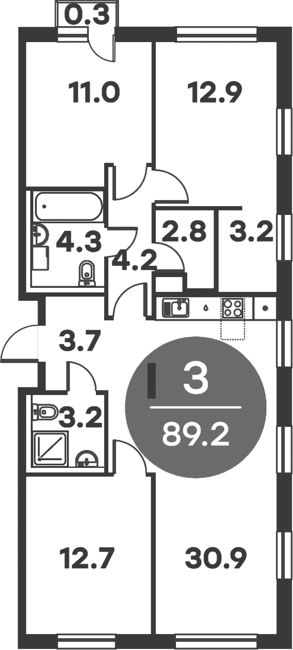 3-комн., 88.9 м², 2/6 этаж, ЖК «Равновесие»