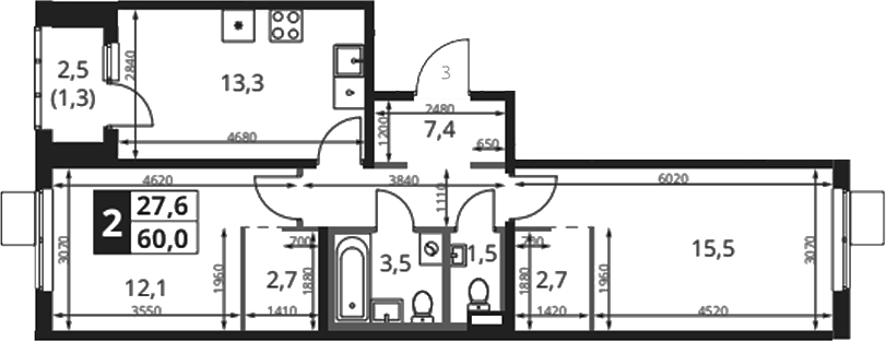 2-комн., 58.7 м², 9/18 этаж, ЖК «1-й Ясеневский»