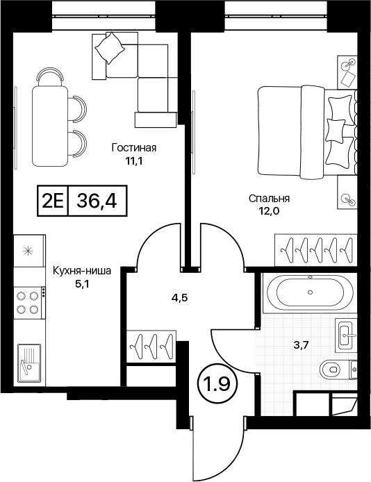 2-комн., 36.4 м², 17/17 этаж, ЖК «Пушкино Град»