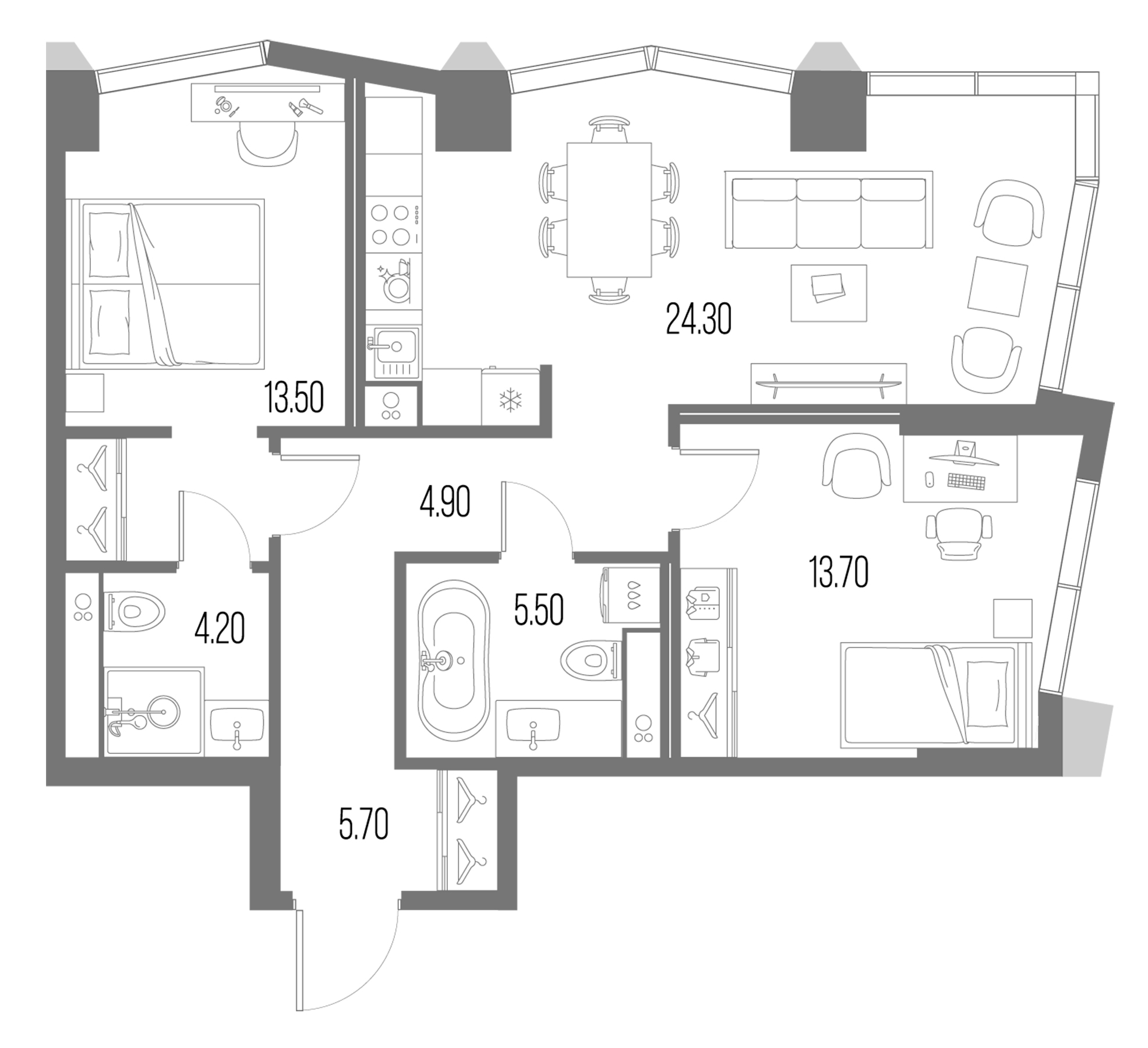 2-комн., 71.8 м², 14/58 этаж, ЖК «Северный Порт»