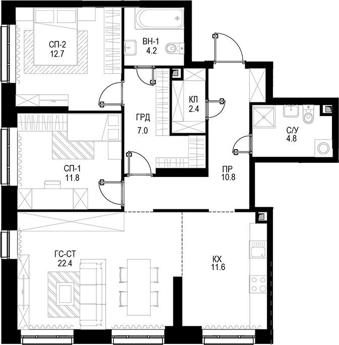 3-комн., 87.7 м², 3/28 этаж, ЖК «Трилогия «Кристалл»»