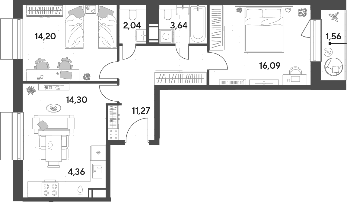 3-комн., 65.9 м², 12/12 этаж, ЖК «Публицист»