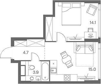 2-комн., 37.7 м², 19/43 этаж, ЖК «ЛОТ от Аквилон»