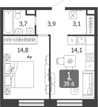 1-комн., 39.6 м², 6/19 этаж, ЖК «Шагал»