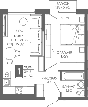 1-комн. квартира, 39.18 м² в ЖК Иначе в Молодежном — фото 2