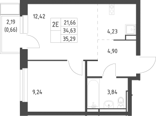 2-комн., 34.63 м², 5/12 этаж, ЖК «Новое Видное»