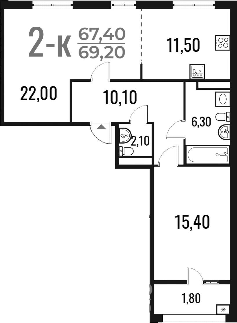 2-комн., 67.4 м², 6/7 этаж, ЖК «Новое Летово»
