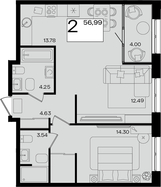 3-комн. квартира, 52.99 м² в ЖК Патрики — фото 2