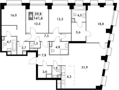 4+ комнаты, 141.6 м², 36/43 этаж, ЖК «Сидней Сити»