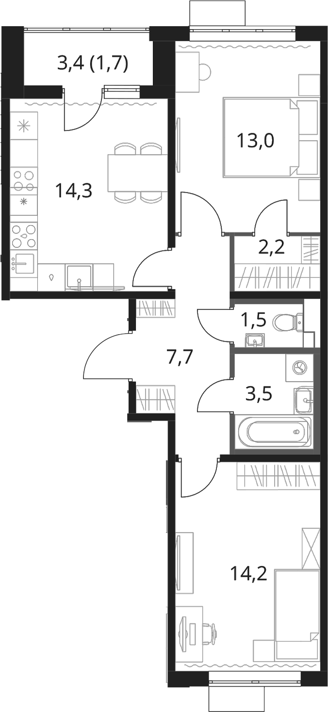 2-комн., 56.4 м², 16/16 этаж, ЖК «1-й Шереметьевский»