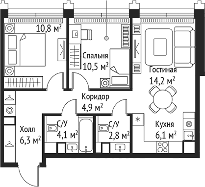 3-комн., 59.7 м², 50/59 этаж, ЖК «СЕТ»
