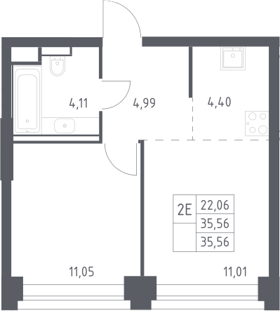 2-комн., 35.56 м², 22/32 этаж, ЖК «НОВА»
