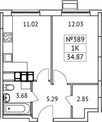 1-комн., 34.87 м², 16/17 этаж, ЖК «Новотомилино»