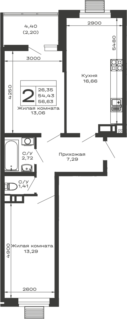 2-комн. квартира, 54.43 м² в ЖК Долина — фото 2