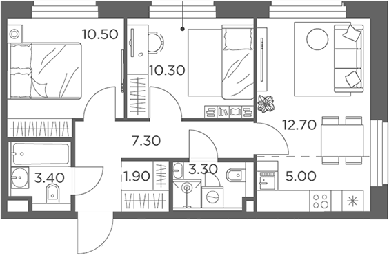 3-комн., 54.4 м², 6/23 этаж, ЖК «Белый Град»